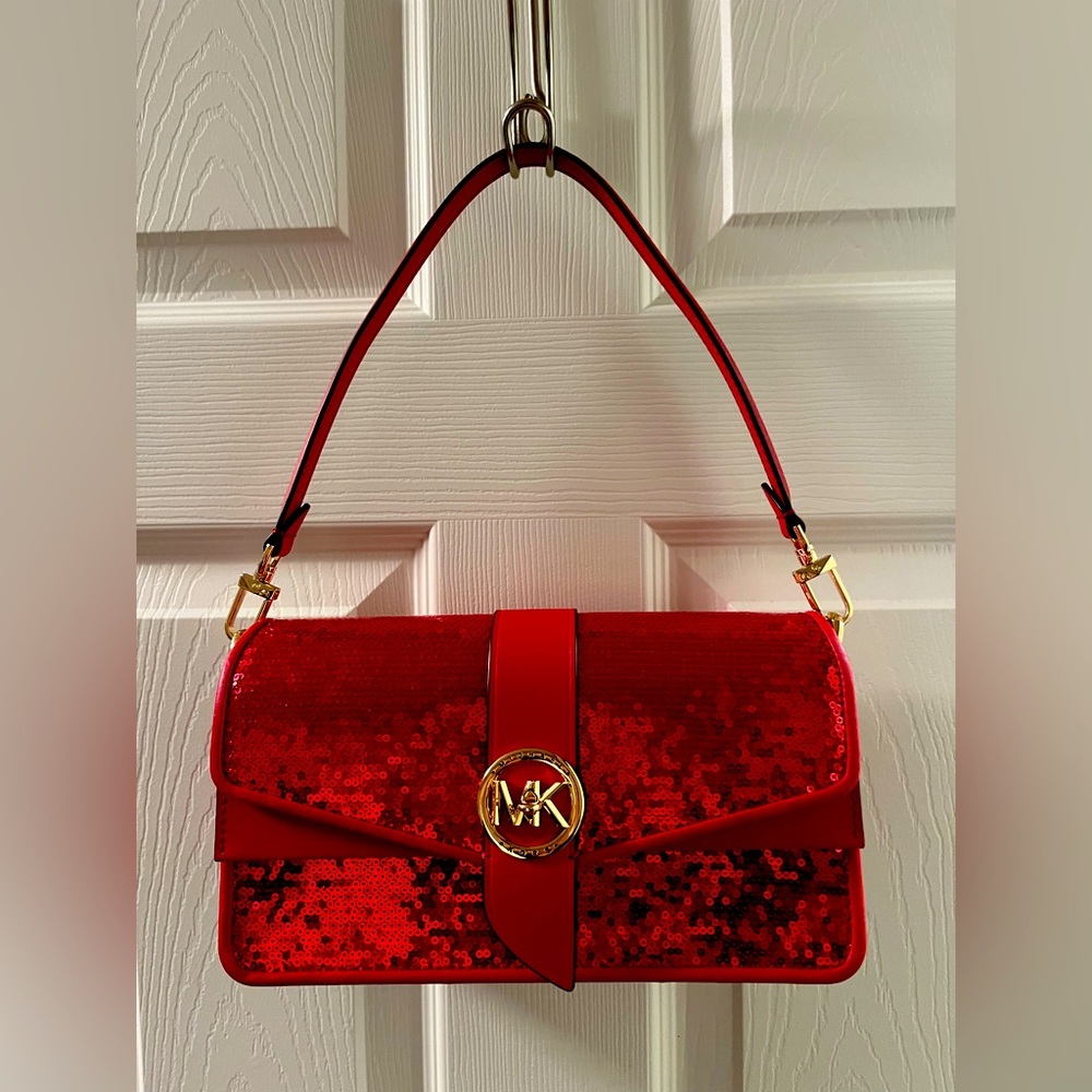 Michael Kors MK Red❤️❤️‍🔥🔥Greenwich Medium Sequin Shoulder Bag Purse